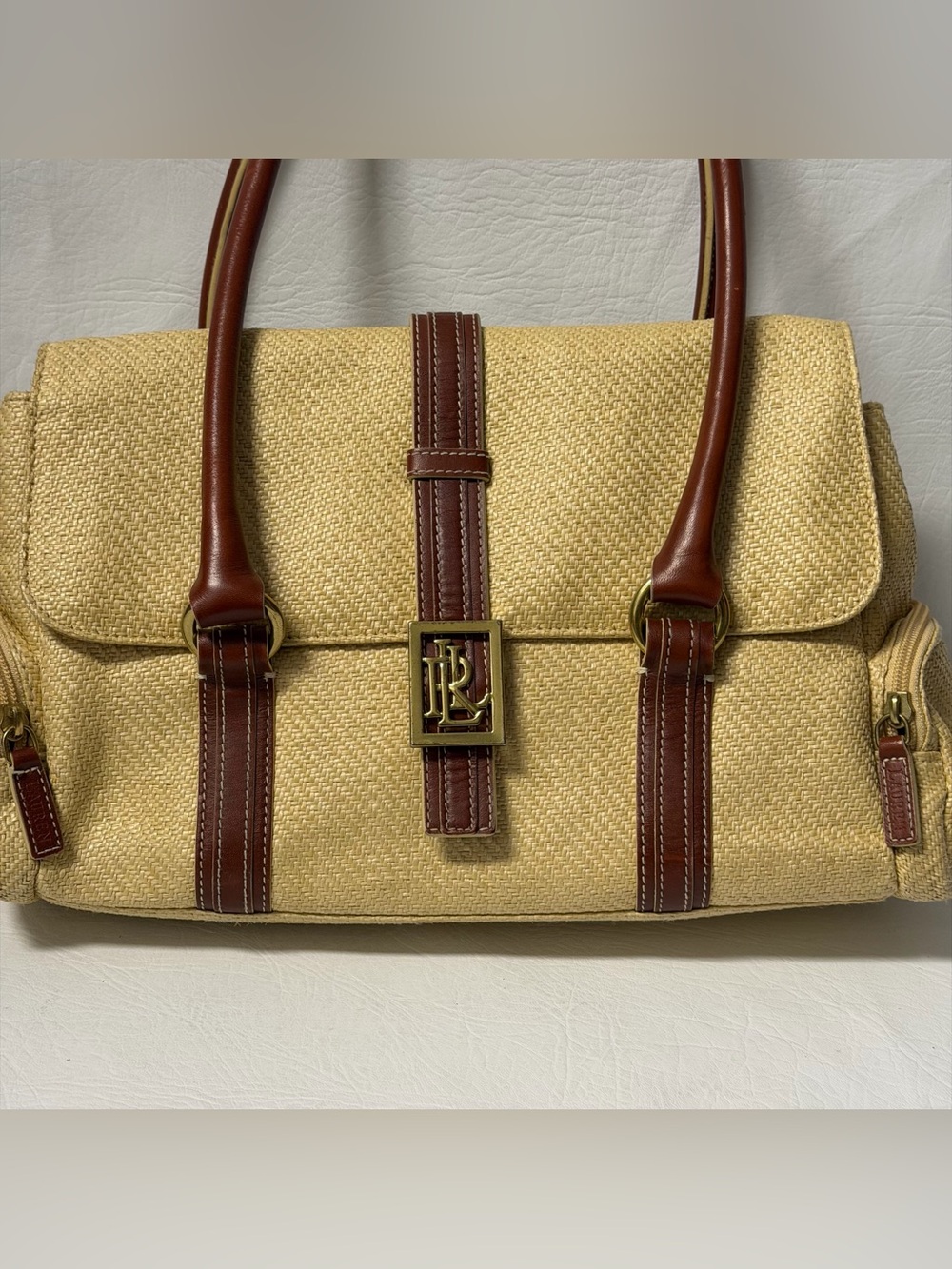 Vintage 90s Lauren Ralph Lauren straw look purse leather details - Picture 2 of 10